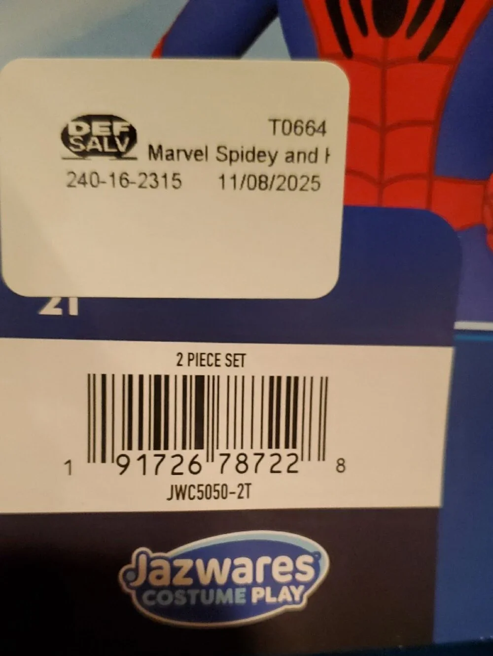 Marvel Avengers Spider-Man Costume Size 2T NWT